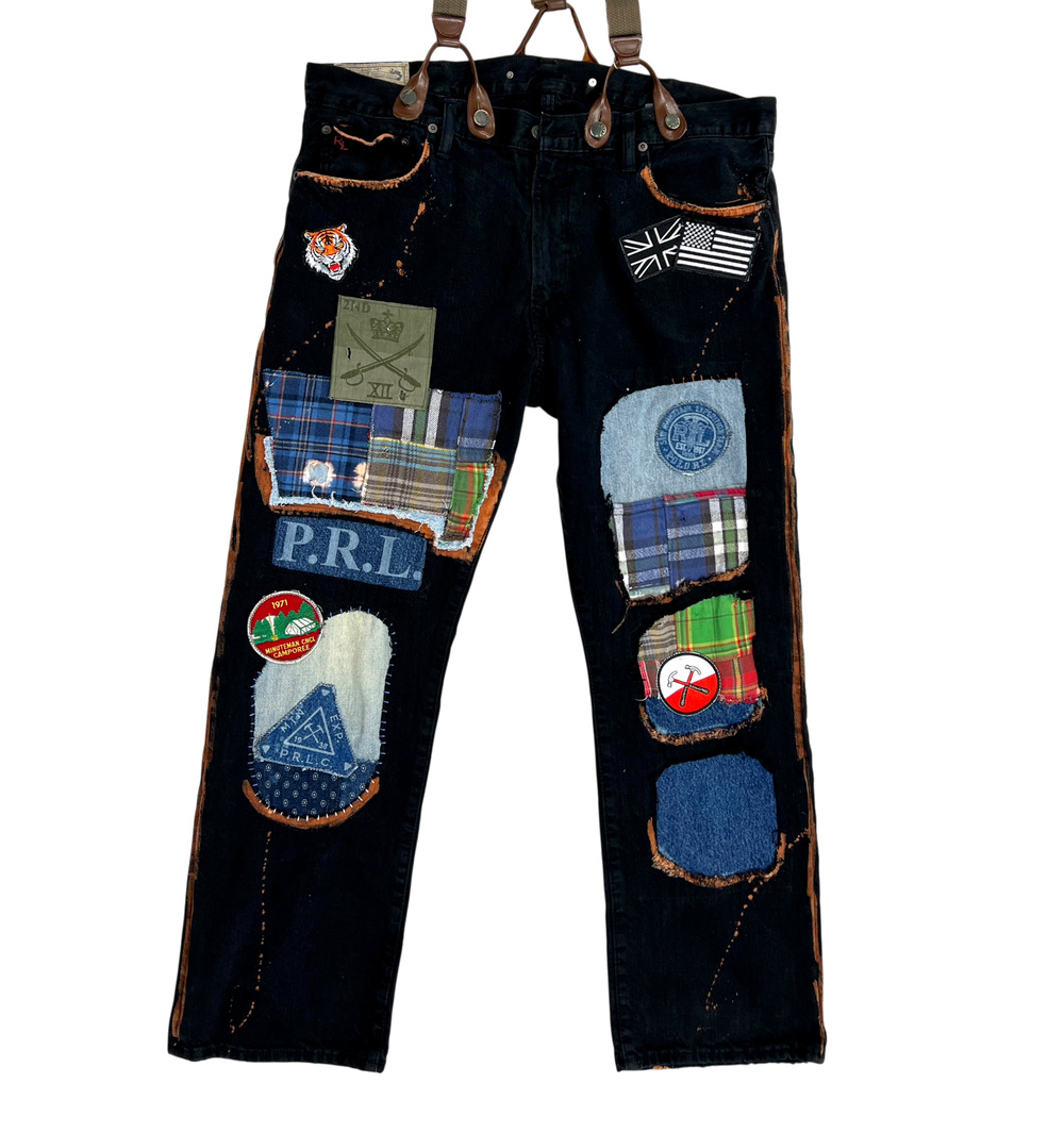 Polo Ralph Lauren men jeans 38x30 upcycled distressed patchwork graffiti OOAK
